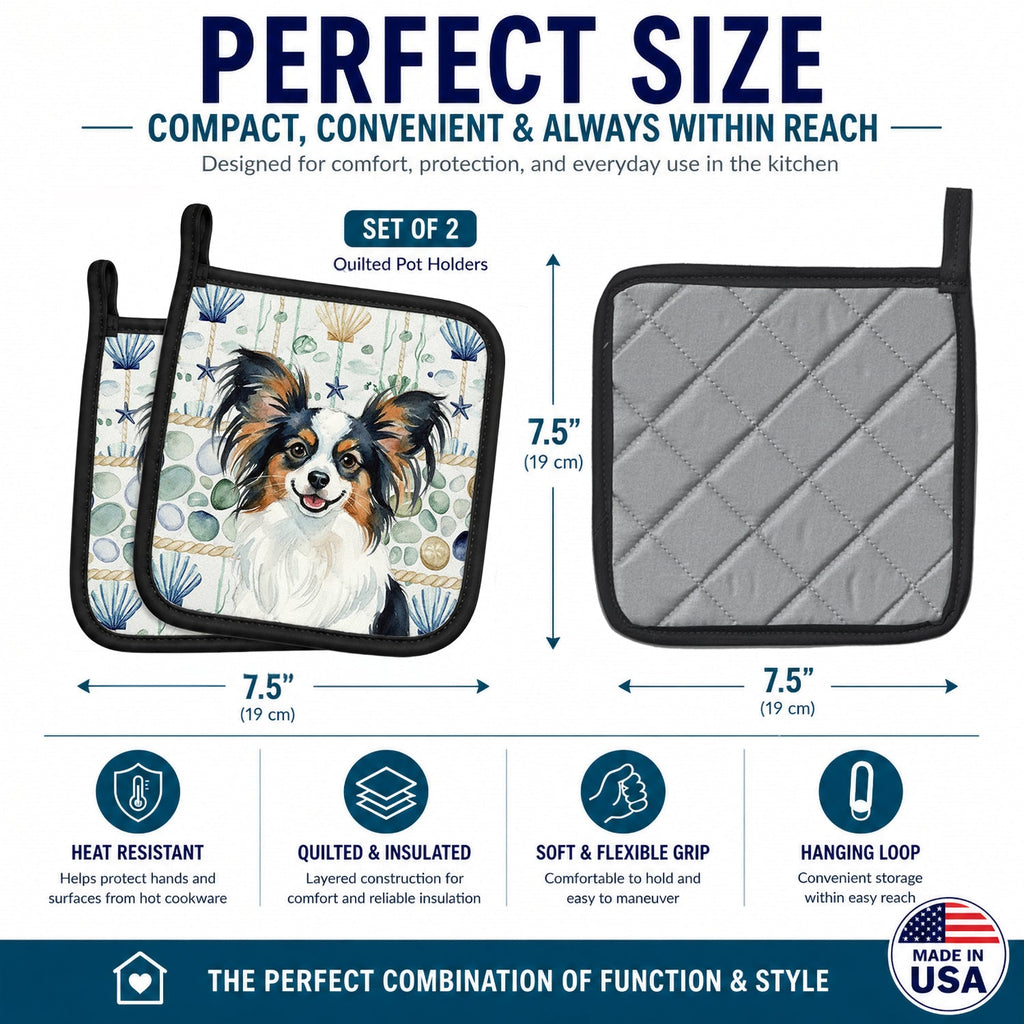 Tricolor Papillon Coastal Sea Glass Pot Holder Set of 2 Heat Resistant Quilted Hot Pads 7.5 x 7.5 Inch, Insulated Kitchen Trivets for Cooking & Baking