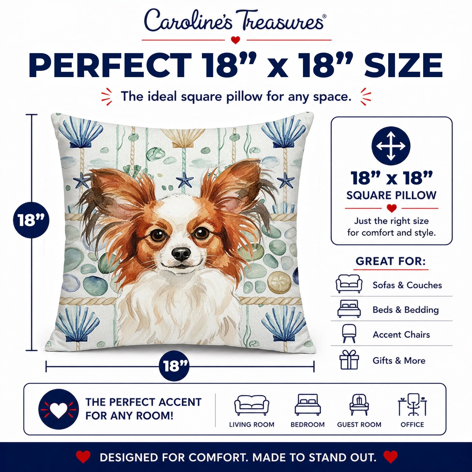 White with Red Papillon Coastal Sea Glass Decorative Throw Pillow 18x18 Indoor Outdoor Accent Cushion, Fabric Cover with Insert for Sofa, Bed, Porch & Living Room