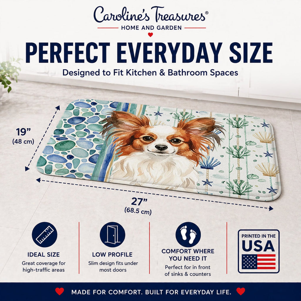 White with Red Papillon Coastal Sea Glass Memory Foam Kitchen Mat Machine Washable Anti-Fatigue Cushion Comfort Bath or Kitchen Rug