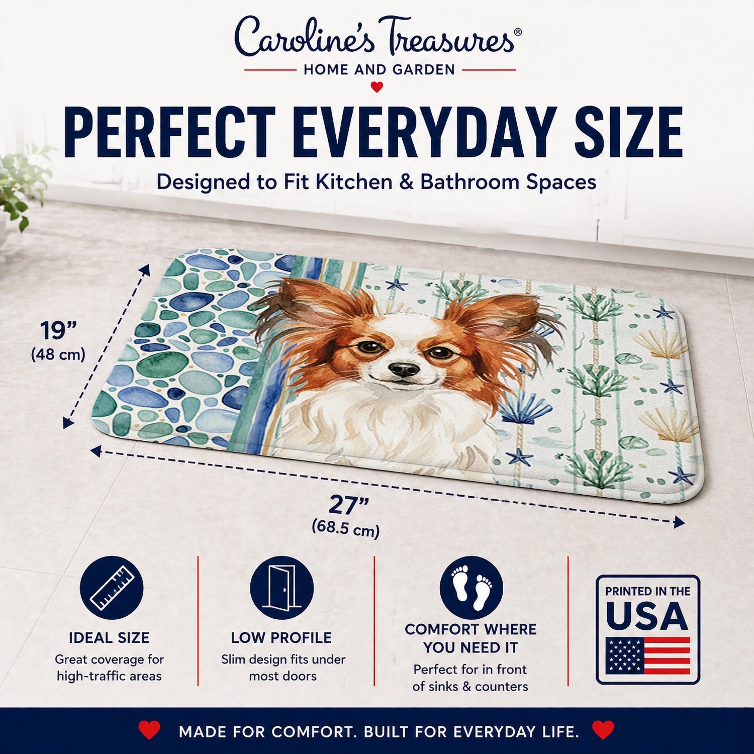 White with Red Papillon Coastal Sea Glass Memory Foam Kitchen Mat Machine Washable Anti-Fatigue Cushion Comfort Bath or Kitchen Rug
