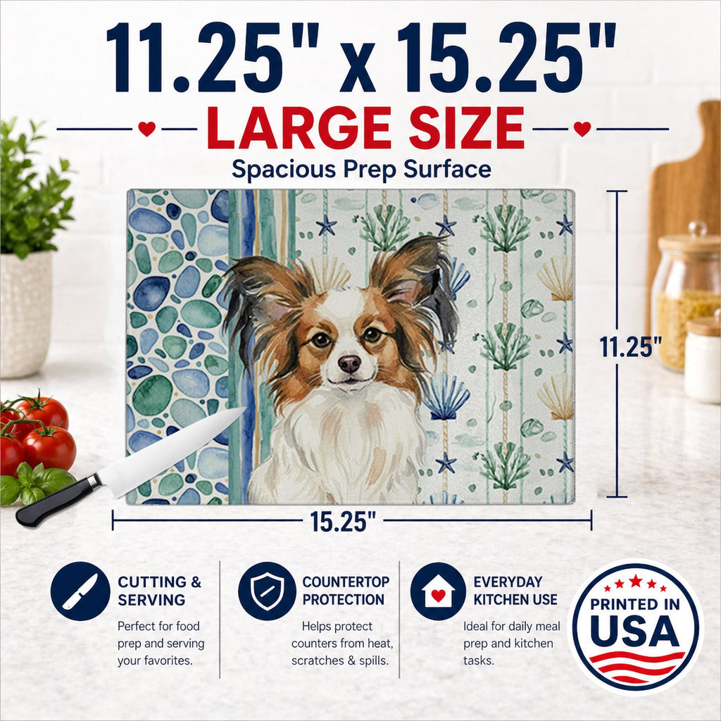 White with Sable Papillon Coastal Sea Glass Cutting Board Tempered Glass Kitchen Cutting Surface, Heat Resistant Chopping, Non-Slip Feet, Food Prep & Serving