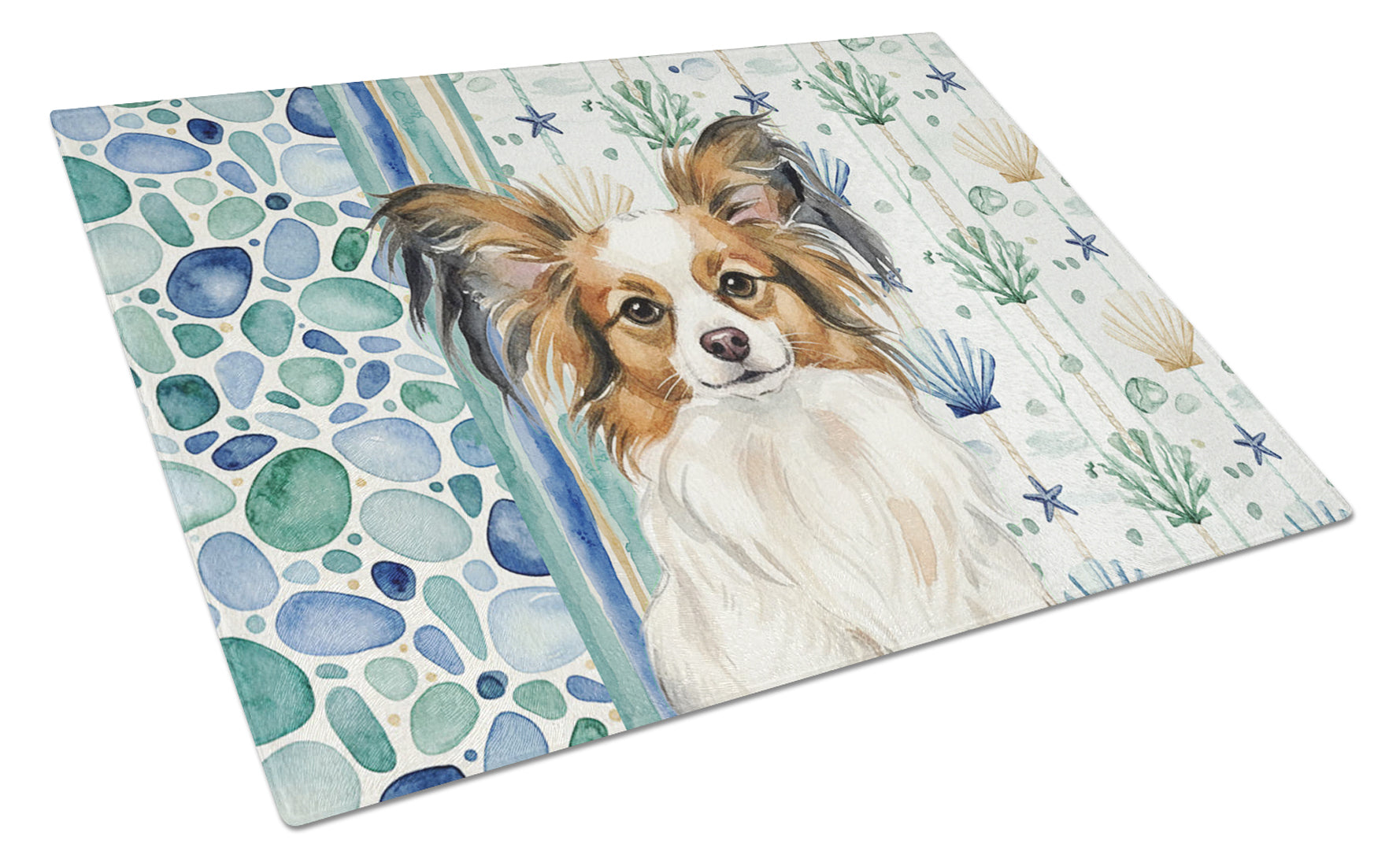 White with Sable Papillon Coastal Sea Glass Cutting Board Tempered Glass Kitchen Cutting Surface, Heat Resistant Chopping, Non-Slip Feet, Food Prep & Serving