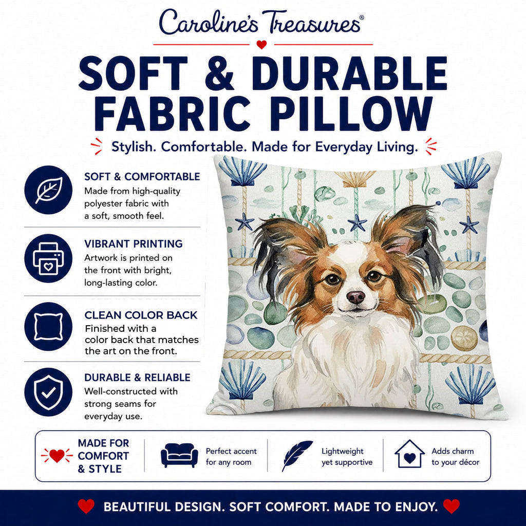White with Sable Papillon Coastal Sea Glass Decorative Throw Pillow 18x18 Indoor Outdoor Accent Cushion, Fabric Cover with Insert for Sofa, Bed, Porch & Living Room