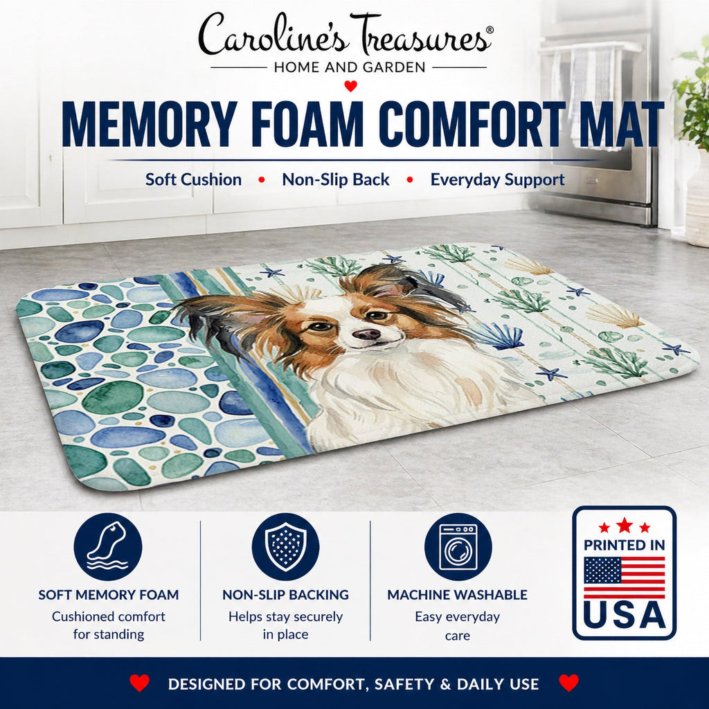 White with Sable Papillon Coastal Sea Glass Memory Foam Kitchen Mat Machine Washable Anti-Fatigue Cushion Comfort Bath or Kitchen Rug
