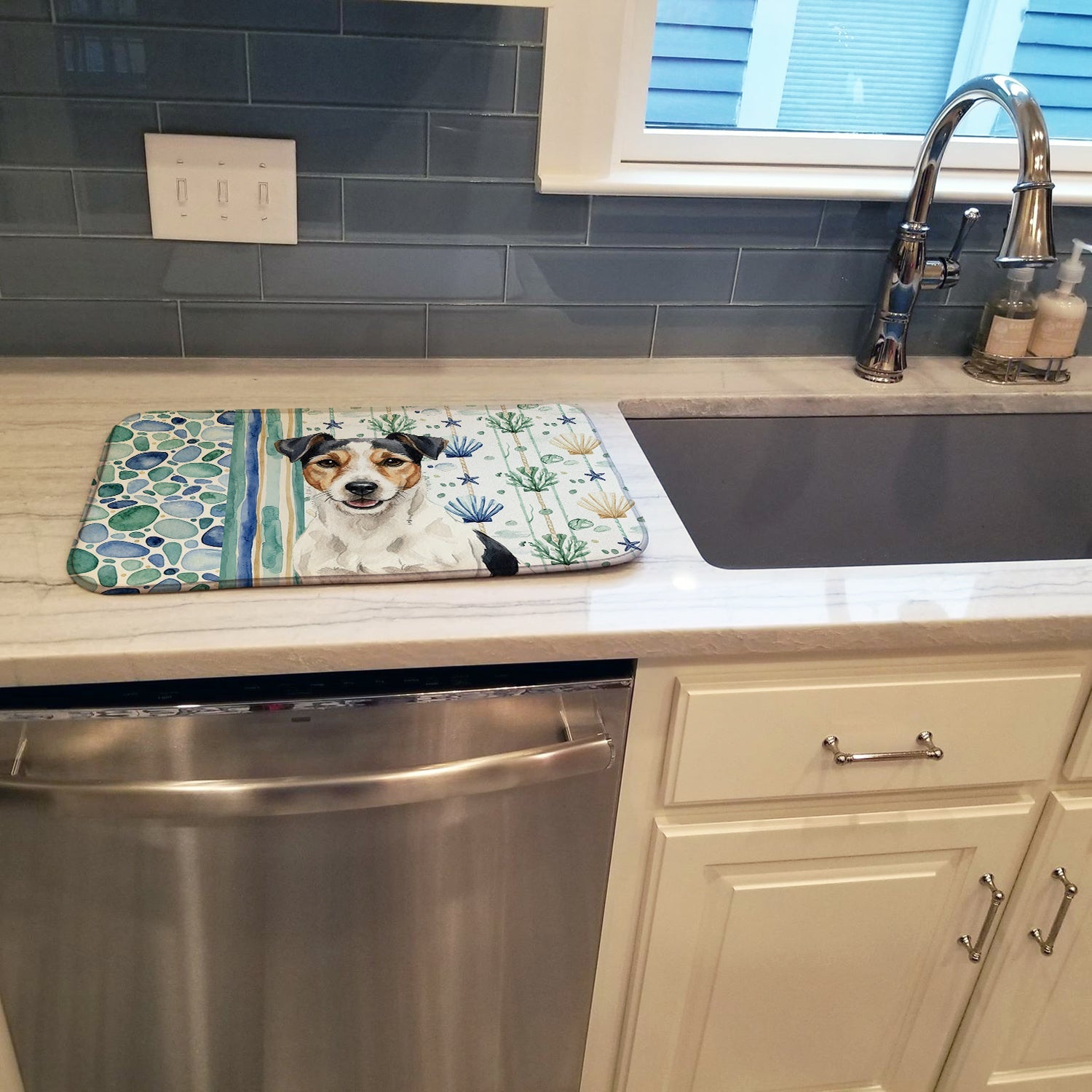 Parson Russell Terrier Coastal Sea Glass Dish Drying Mat Absorbent Dish Drying Mat Pad for Kitchen Counter Dish Drainer Mat for Countertop, 14 x 21", Multicolor