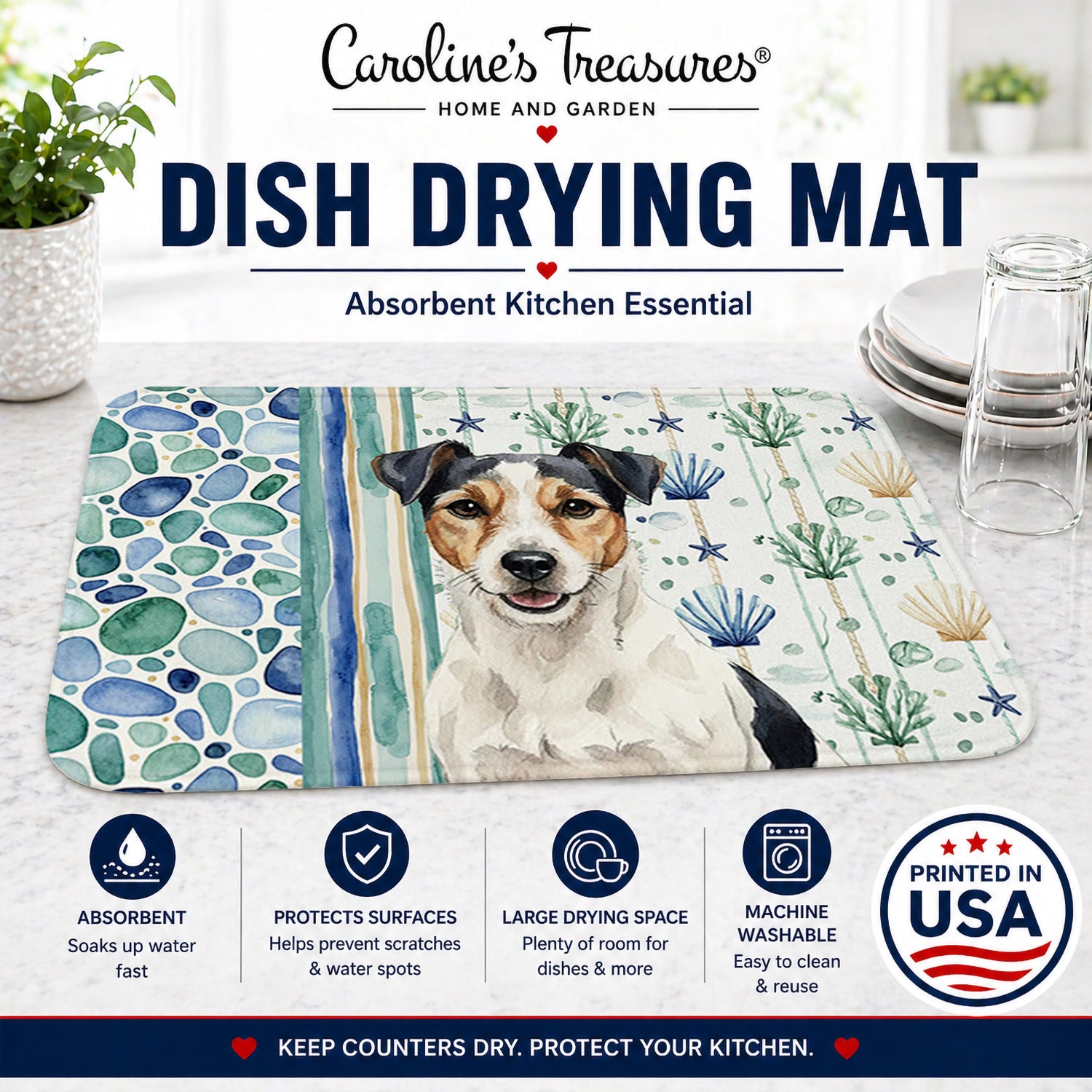Parson Russell Terrier Coastal Sea Glass Dish Drying Mat Absorbent Dish Drying Mat Pad for Kitchen Counter Dish Drainer Mat for Countertop, 14 x 21", Multicolor