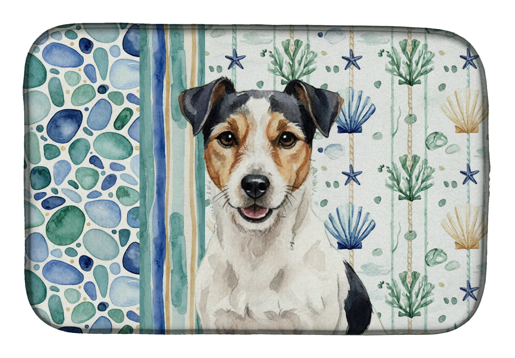 Parson Russell Terrier Coastal Sea Glass Dish Drying Mat Absorbent Dish Drying Mat Pad for Kitchen Counter Dish Drainer Mat for Countertop, 14 x 21", Multicolor