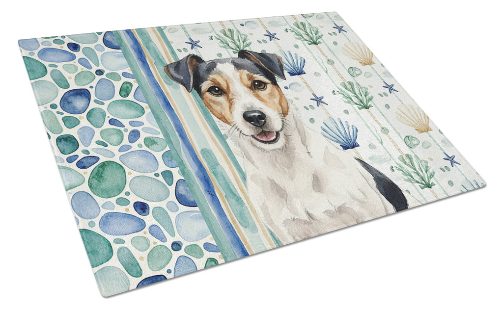 Parson Russell Terrier Coastal Sea Glass Cutting Board Tempered Glass Kitchen Cutting Surface, Heat Resistant Chopping, Non-Slip Feet, Food Prep & Serving