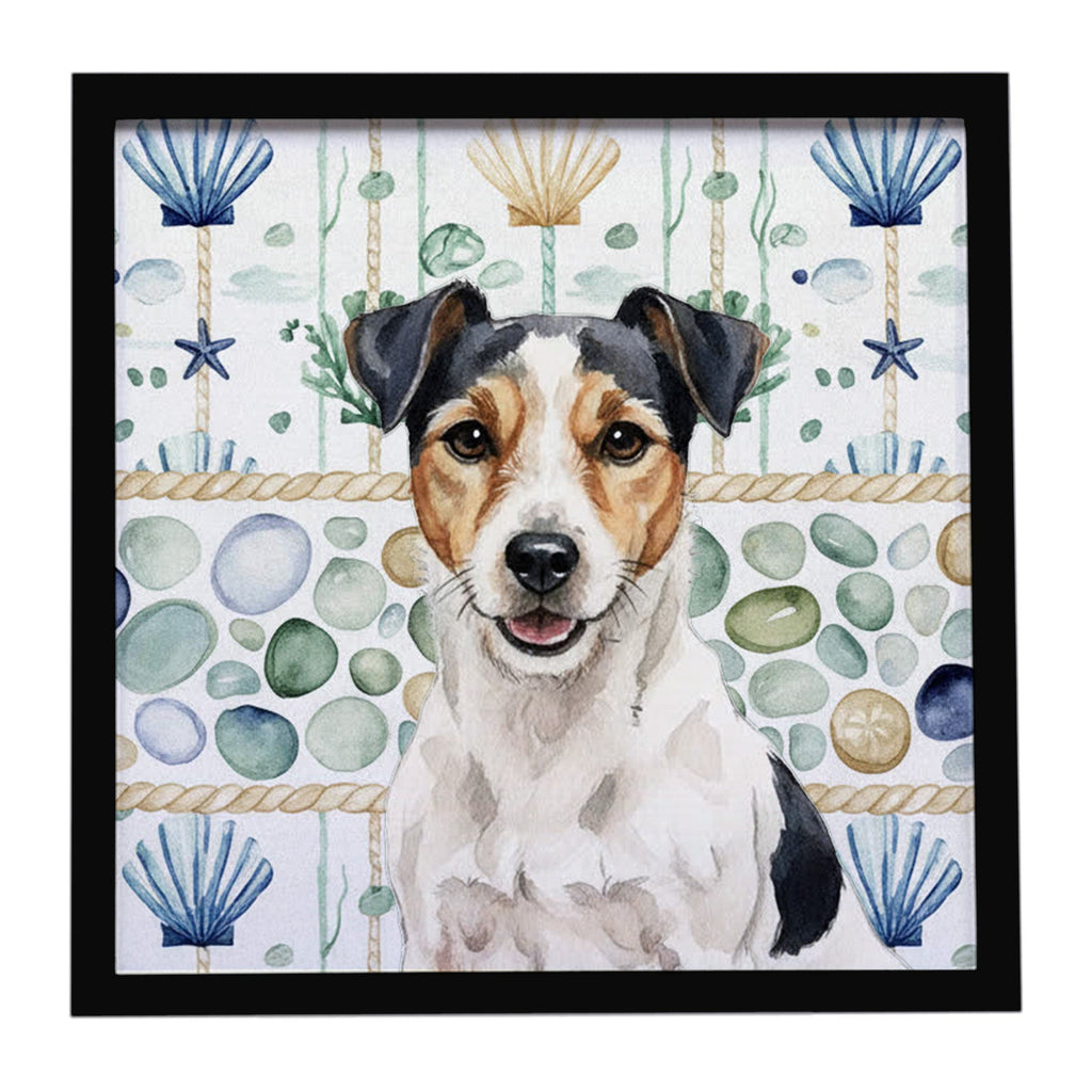 Parson Russell Terrier Coastal Sea Glass Framed Metal Print Bathroom, Kitchen, Office, Home Decor Wall Art Ready to Hang, Square, 8X8