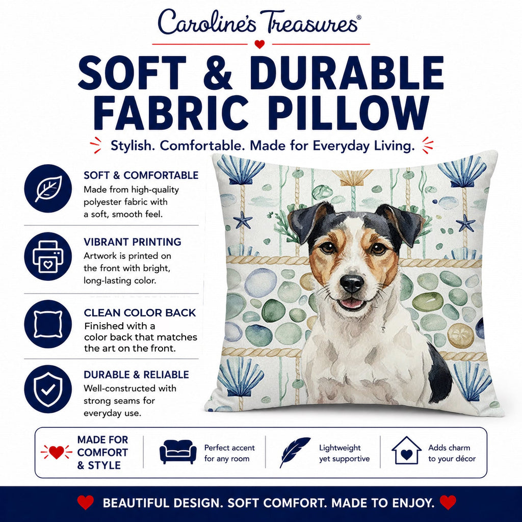 Parson Russell Terrier Coastal Sea Glass Decorative Throw Pillow 14x14 Indoor Outdoor Accent Cushion, Fabric Cover with Insert for Sofa, Bed, Porch & Living Room
