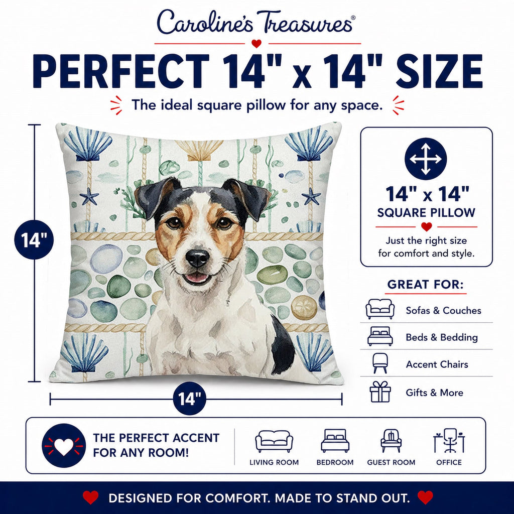 Parson Russell Terrier Coastal Sea Glass Decorative Throw Pillow 14x14 Indoor Outdoor Accent Cushion, Fabric Cover with Insert for Sofa, Bed, Porch & Living Room