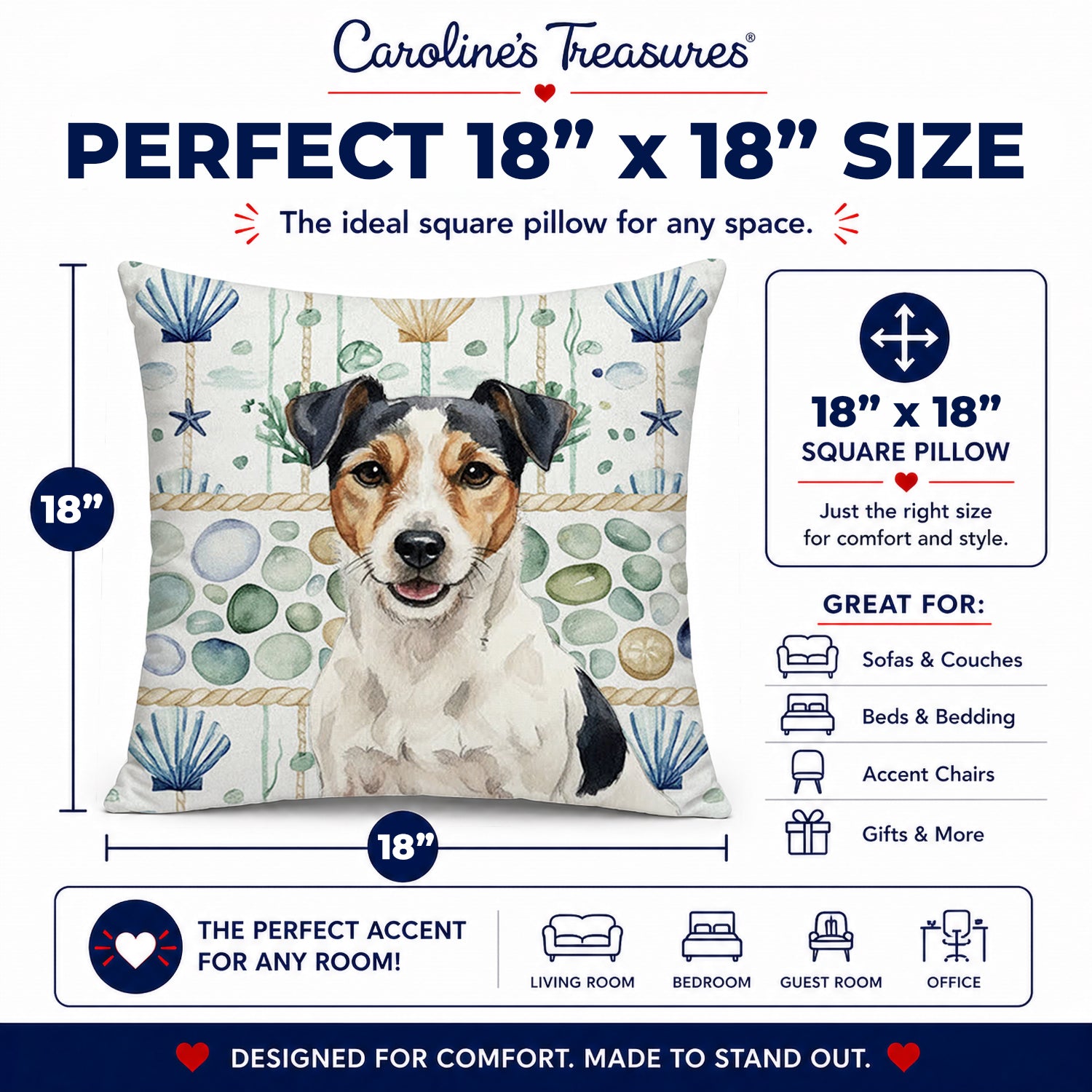 Parson Russell Terrier Coastal Sea Glass Decorative Throw Pillow 18x18 Indoor Outdoor Accent Cushion, Fabric Cover with Insert for Sofa, Bed, Porch & Living Room