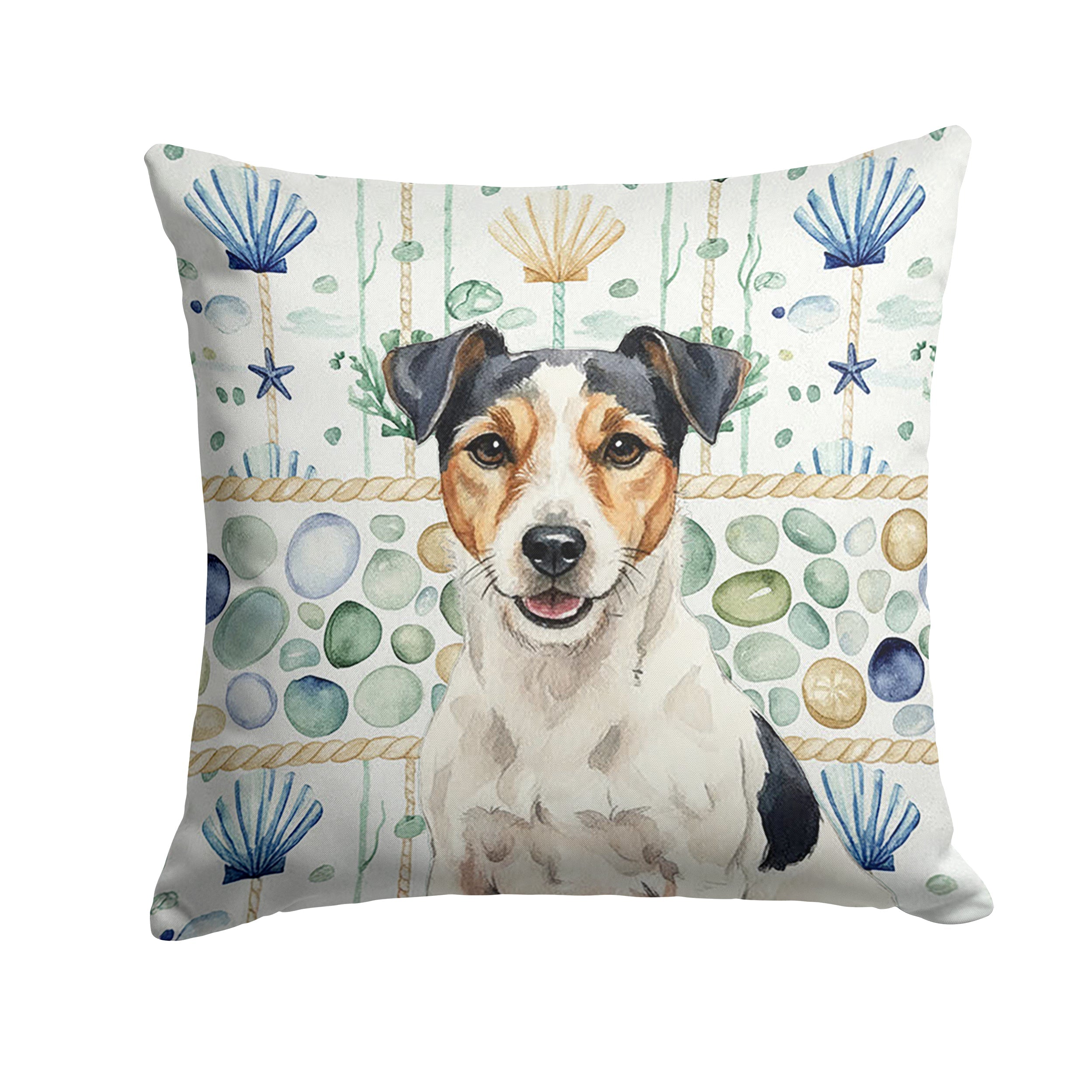 Parson Russell Terrier Coastal Sea Glass Decorative Throw Pillow 18x18 Indoor Outdoor Accent Cushion, Fabric Cover with Insert for Sofa, Bed, Porch & Living Room