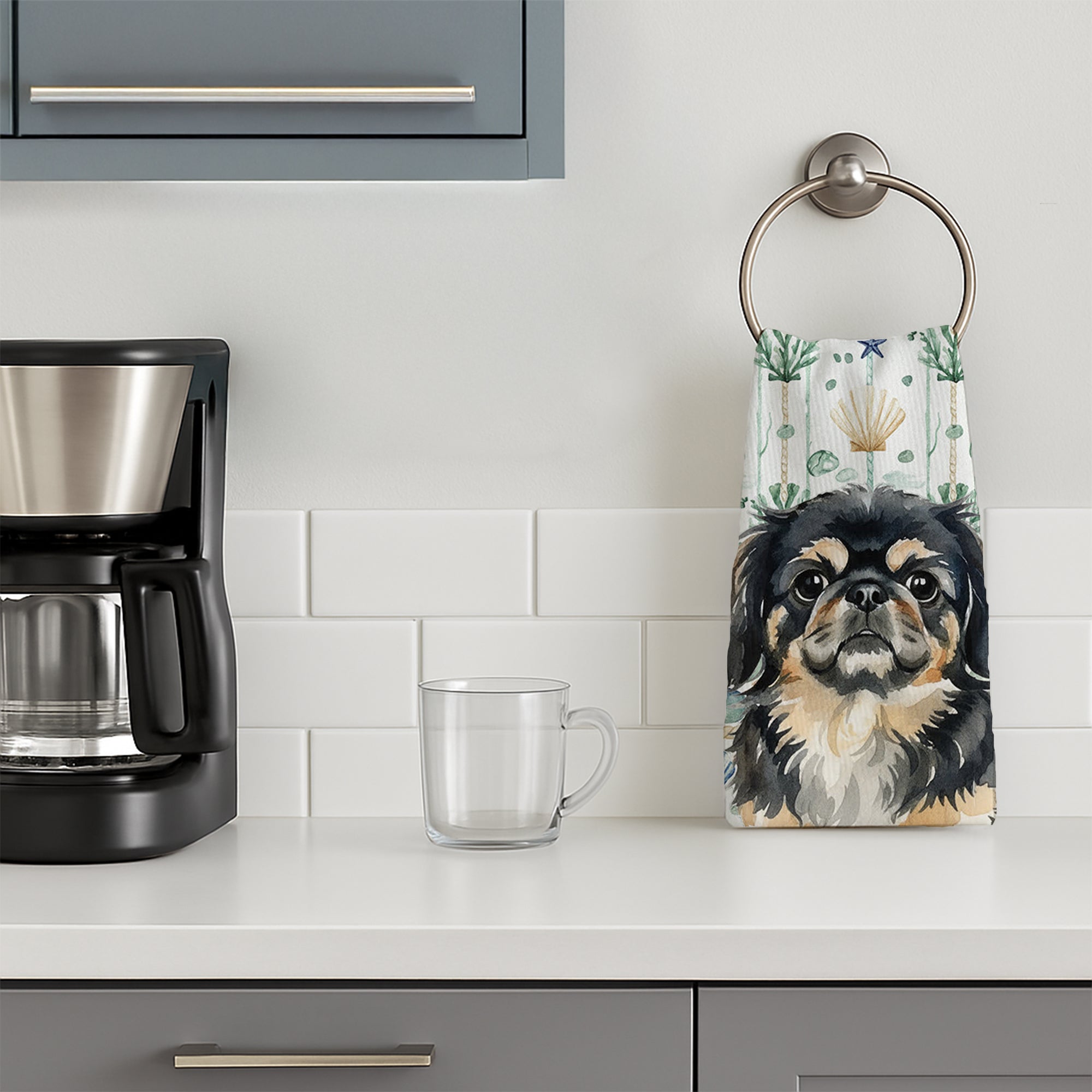 Black and Tan Pekingese Coastal Sea Glass Kitchen Towel Velour Plush Front and Cotton Loop Back Machine Washable