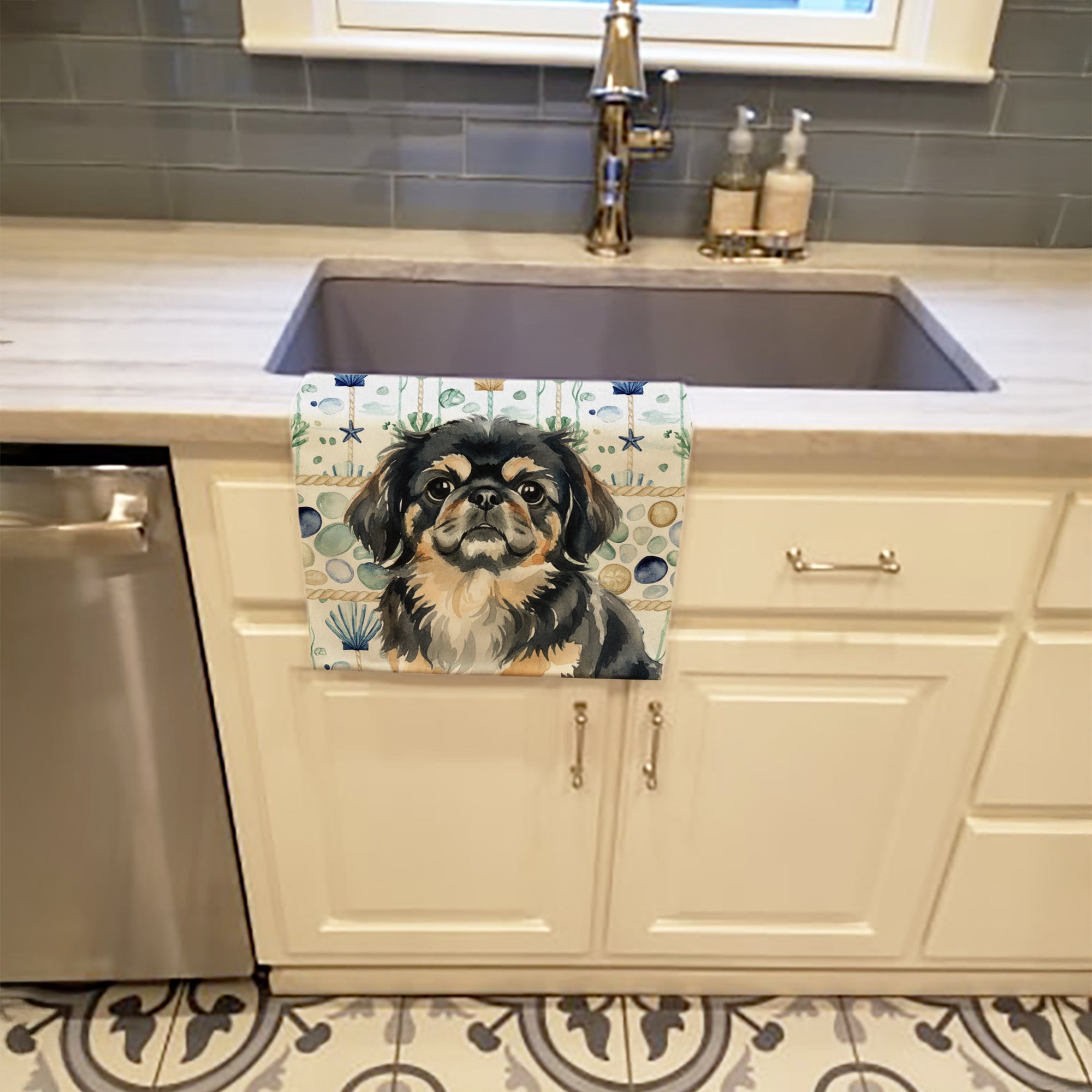 Black and Tan Pekingese Coastal Sea Glass Kitchen Towel Velour Plush Front and Cotton Loop Back Machine Washable
