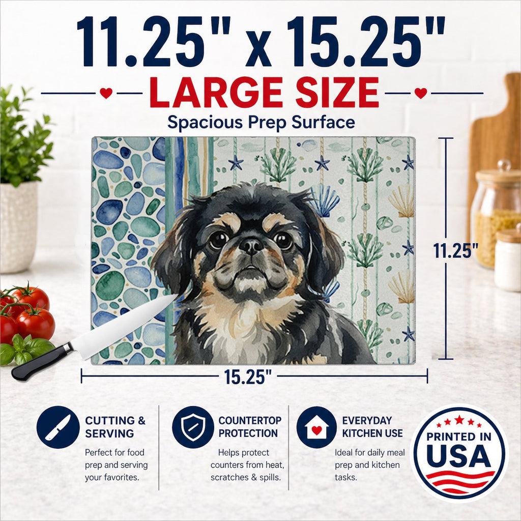 Black and Tan Pekingese Coastal Sea Glass Cutting Board Tempered Glass Kitchen Cutting Surface, Heat Resistant Chopping, Non-Slip Feet, Food Prep & Serving