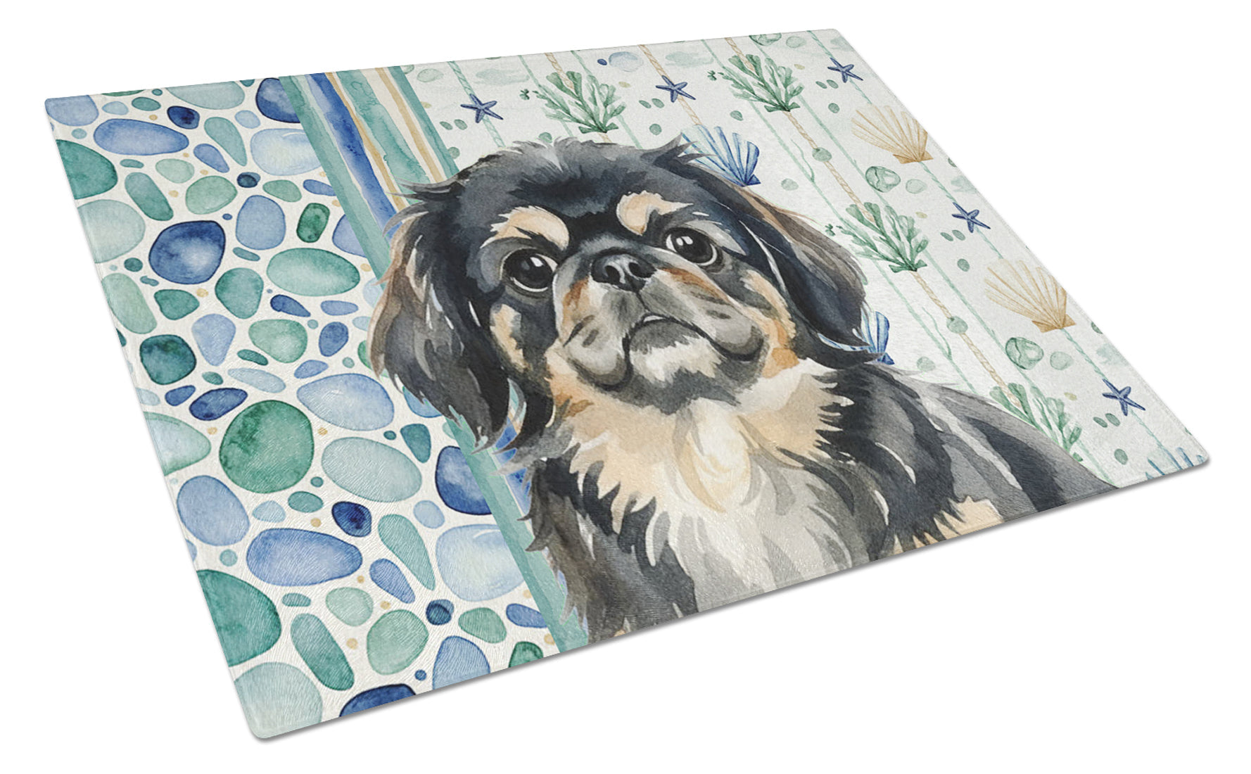 Black and Tan Pekingese Coastal Sea Glass Cutting Board Tempered Glass Kitchen Cutting Surface, Heat Resistant Chopping, Non-Slip Feet, Food Prep & Serving