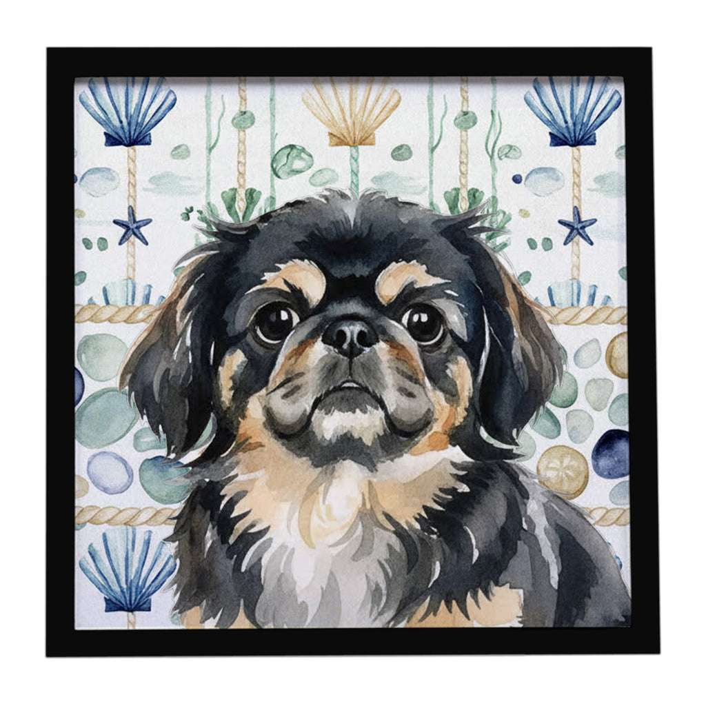 Black and Tan Pekingese Coastal Sea Glass Framed Metal Print Bathroom, Kitchen, Office, Home Decor Wall Art Ready to Hang, Square, 8X8