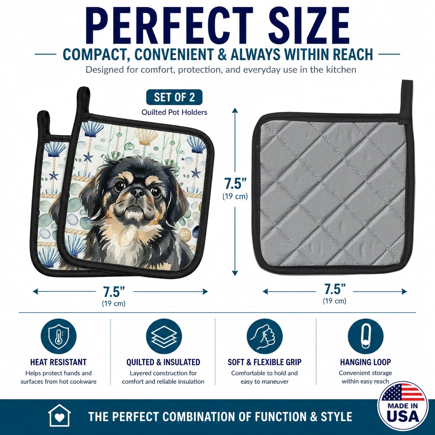 Black and Tan Pekingese Coastal Sea Glass Pot Holder Set of 2 Heat Resistant Quilted Hot Pads 7.5 x 7.5 Inch, Insulated Kitchen Trivets for Cooking & Baking
