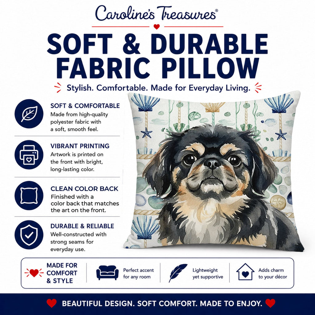 Black and Tan Pekingese Coastal Sea Glass Decorative Throw Pillow 14x14 Indoor Outdoor Accent Cushion, Fabric Cover with Insert for Sofa, Bed, Porch & Living Room