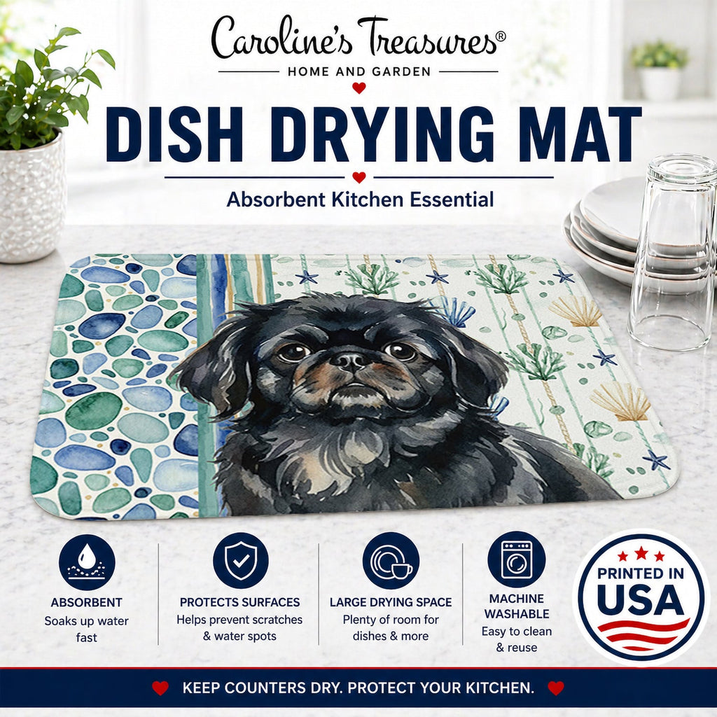 Black Pekingese Coastal Sea Glass Dish Drying Mat Absorbent Dish Drying Mat Pad for Kitchen Counter Dish Drainer Mat for Countertop, 14 x 21", Multicolor