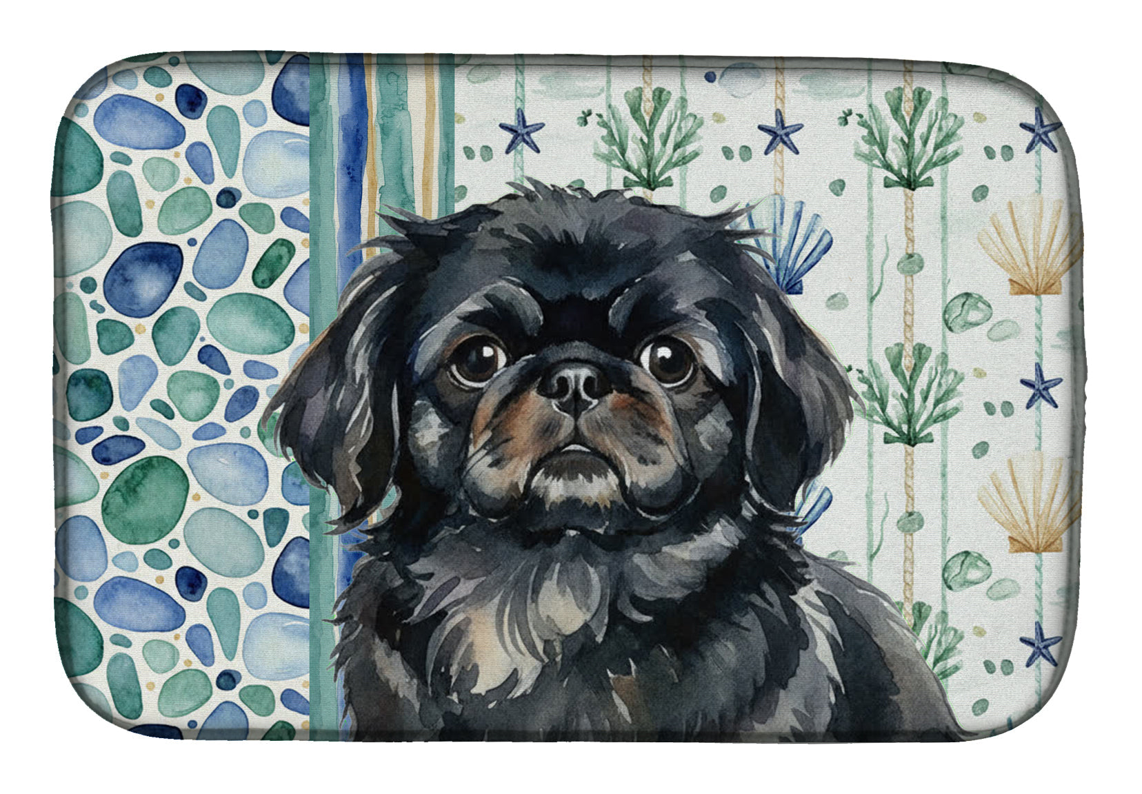 Black Pekingese Coastal Sea Glass Dish Drying Mat Absorbent Dish Drying Mat Pad for Kitchen Counter Dish Drainer Mat for Countertop, 14 x 21", Multicolor
