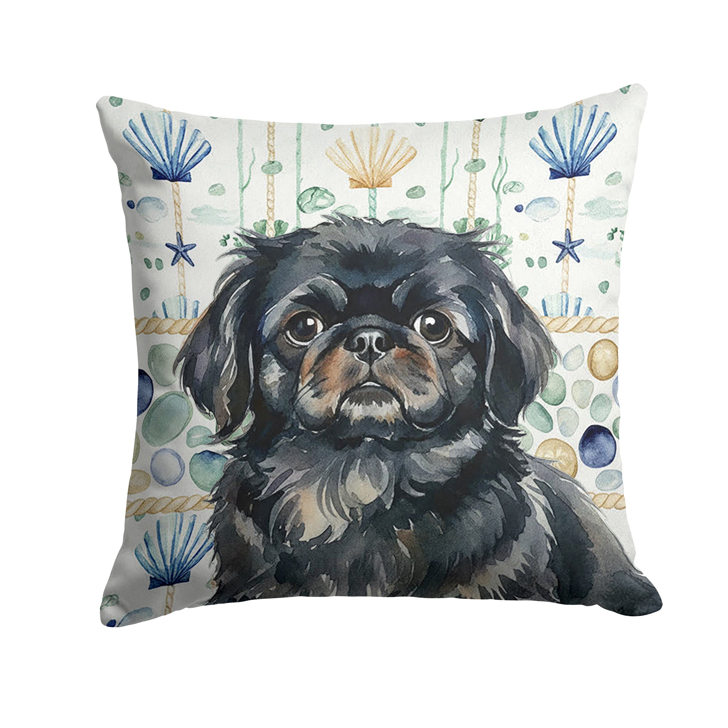 Black Pekingese Coastal Sea Glass Decorative Throw Pillow 14x14 Indoor Outdoor Accent Cushion, Fabric Cover with Insert for Sofa, Bed, Porch & Living Room