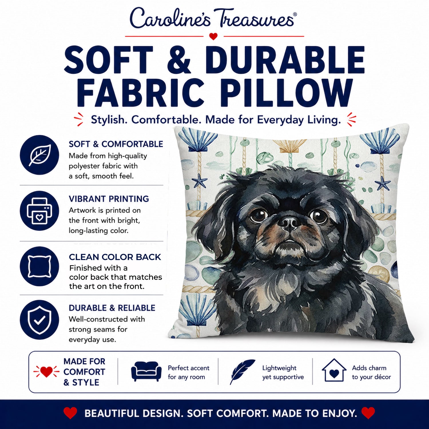 Black Pekingese Coastal Sea Glass Decorative Throw Pillow 18x18 Indoor Outdoor Accent Cushion, Fabric Cover with Insert for Sofa, Bed, Porch & Living Room