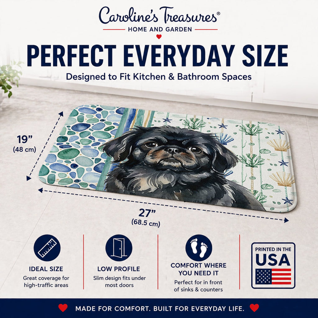 Black Pekingese Coastal Sea Glass Memory Foam Kitchen Mat Machine Washable Anti-Fatigue Cushion Comfort Bath or Kitchen Rug