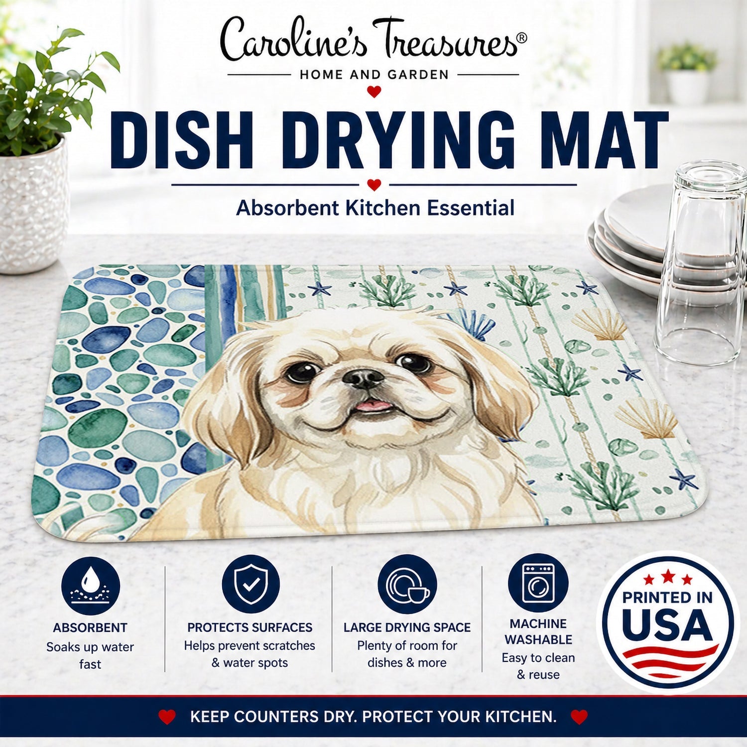 Cream Pekingese Coastal Sea Glass Dish Drying Mat Absorbent Dish Drying Mat Pad for Kitchen Counter Dish Drainer Mat for Countertop, 14 x 21", Multicolor