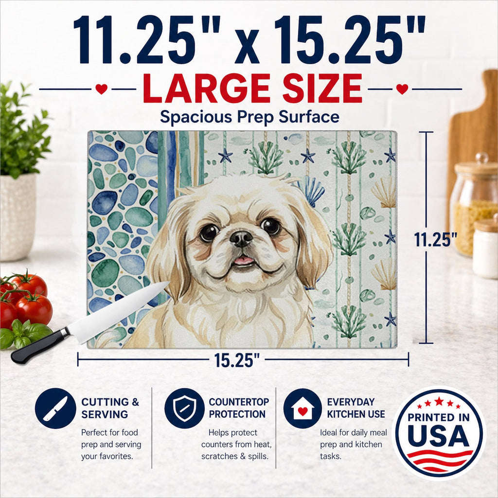 Cream Pekingese Coastal Sea Glass Cutting Board Tempered Glass Kitchen Cutting Surface, Heat Resistant Chopping, Non-Slip Feet, Food Prep & Serving