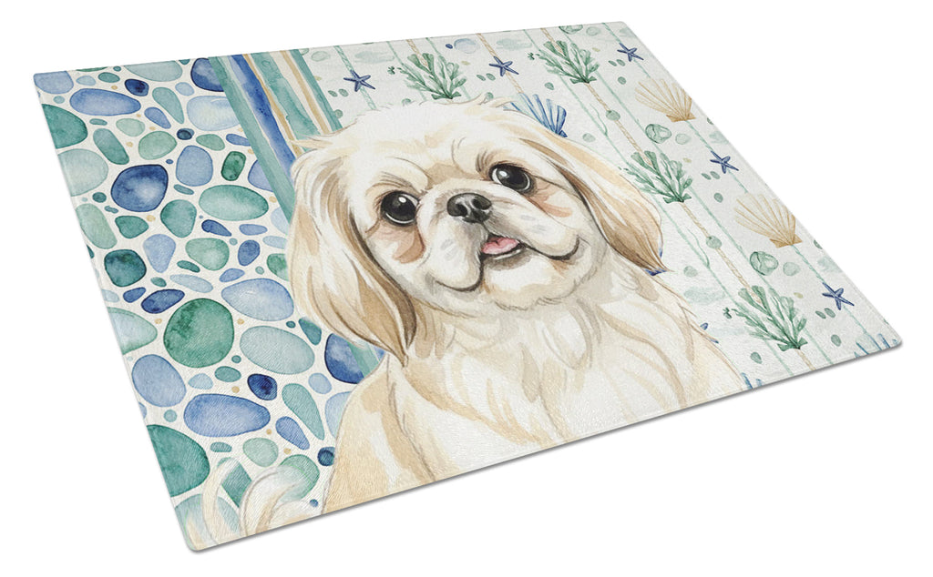 Cream Pekingese Coastal Sea Glass Cutting Board Tempered Glass Kitchen Cutting Surface, Heat Resistant Chopping, Non-Slip Feet, Food Prep & Serving