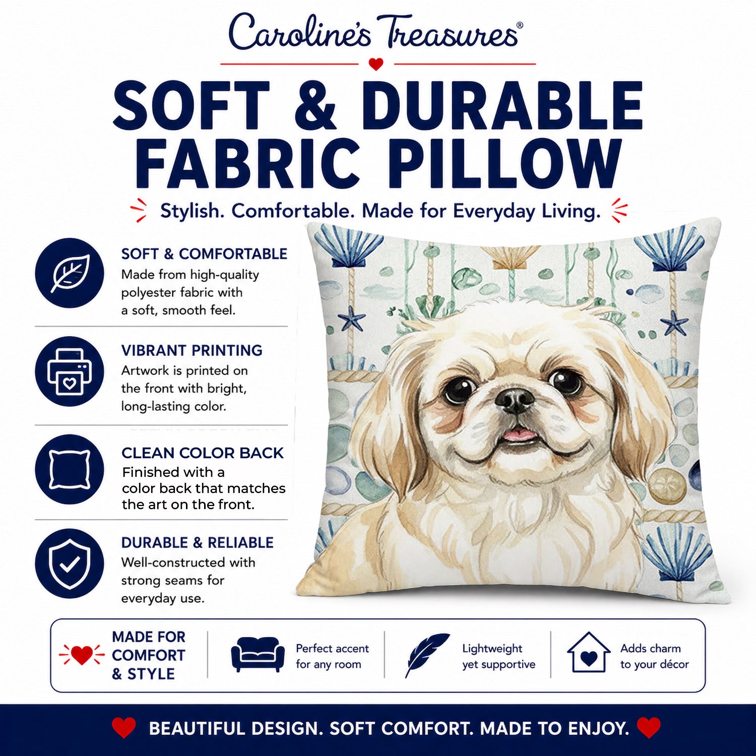 Cream Pekingese Coastal Sea Glass Decorative Throw Pillow 14x14 Indoor Outdoor Accent Cushion, Fabric Cover with Insert for Sofa, Bed, Porch & Living Room