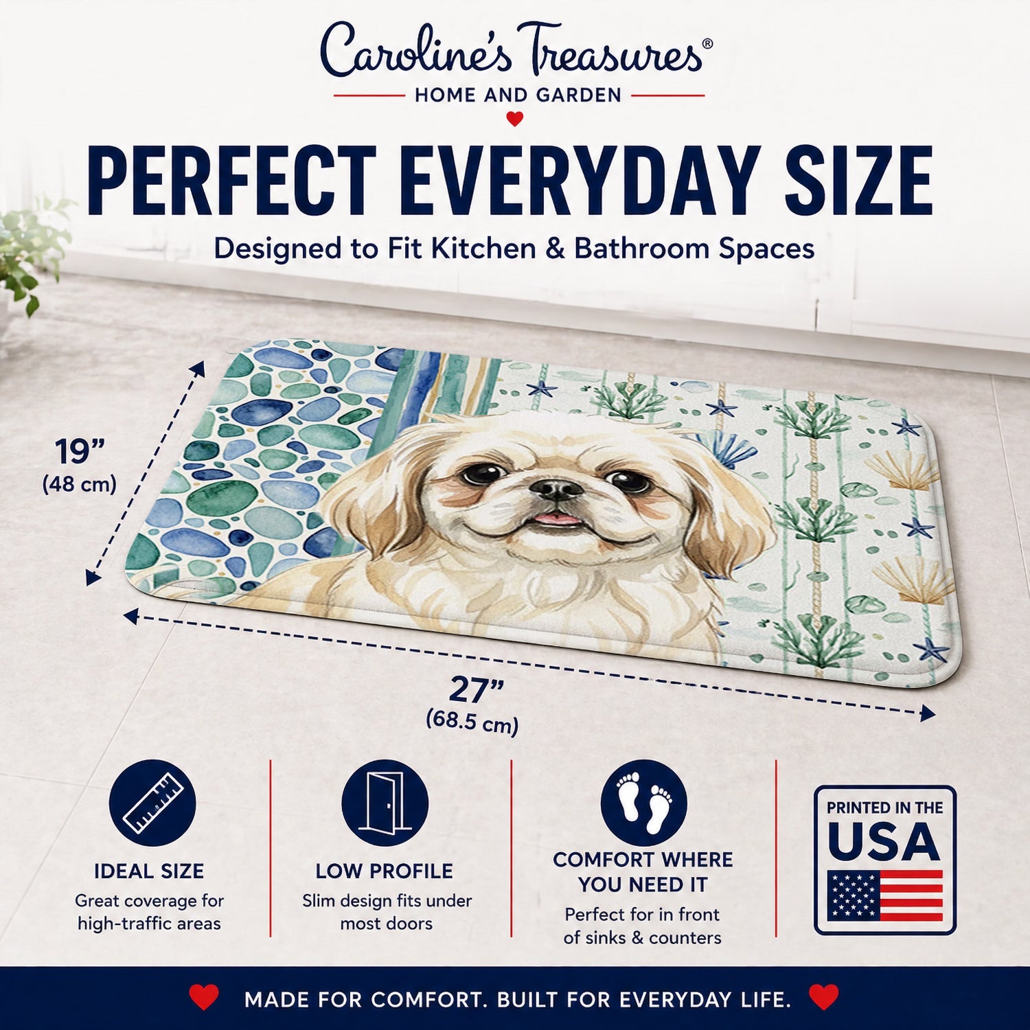 Cream Pekingese Coastal Sea Glass Memory Foam Kitchen Mat Machine Washable Anti-Fatigue Cushion Comfort Bath or Kitchen Rug
