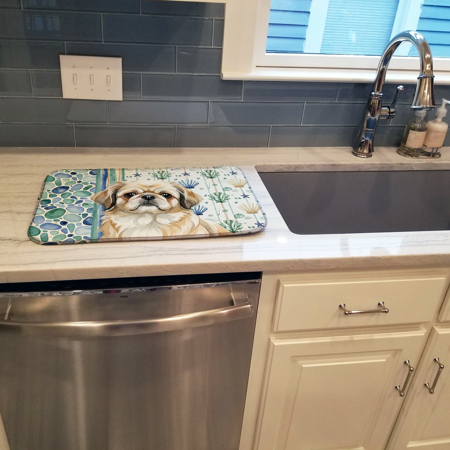 Fawn Pekingese Coastal Sea Glass Dish Drying Mat Absorbent Dish Drying Mat Pad for Kitchen Counter Dish Drainer Mat for Countertop, 14 x 21", Multicolor