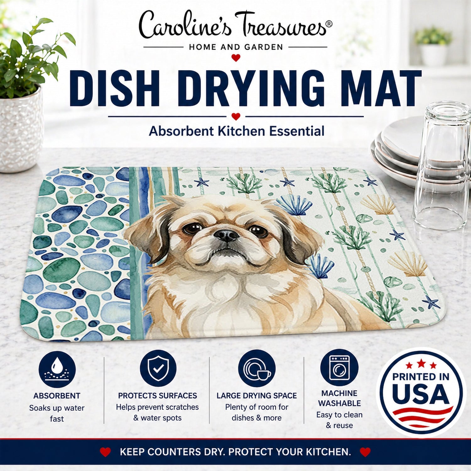 Fawn Pekingese Coastal Sea Glass Dish Drying Mat Absorbent Dish Drying Mat Pad for Kitchen Counter Dish Drainer Mat for Countertop, 14 x 21", Multicolor