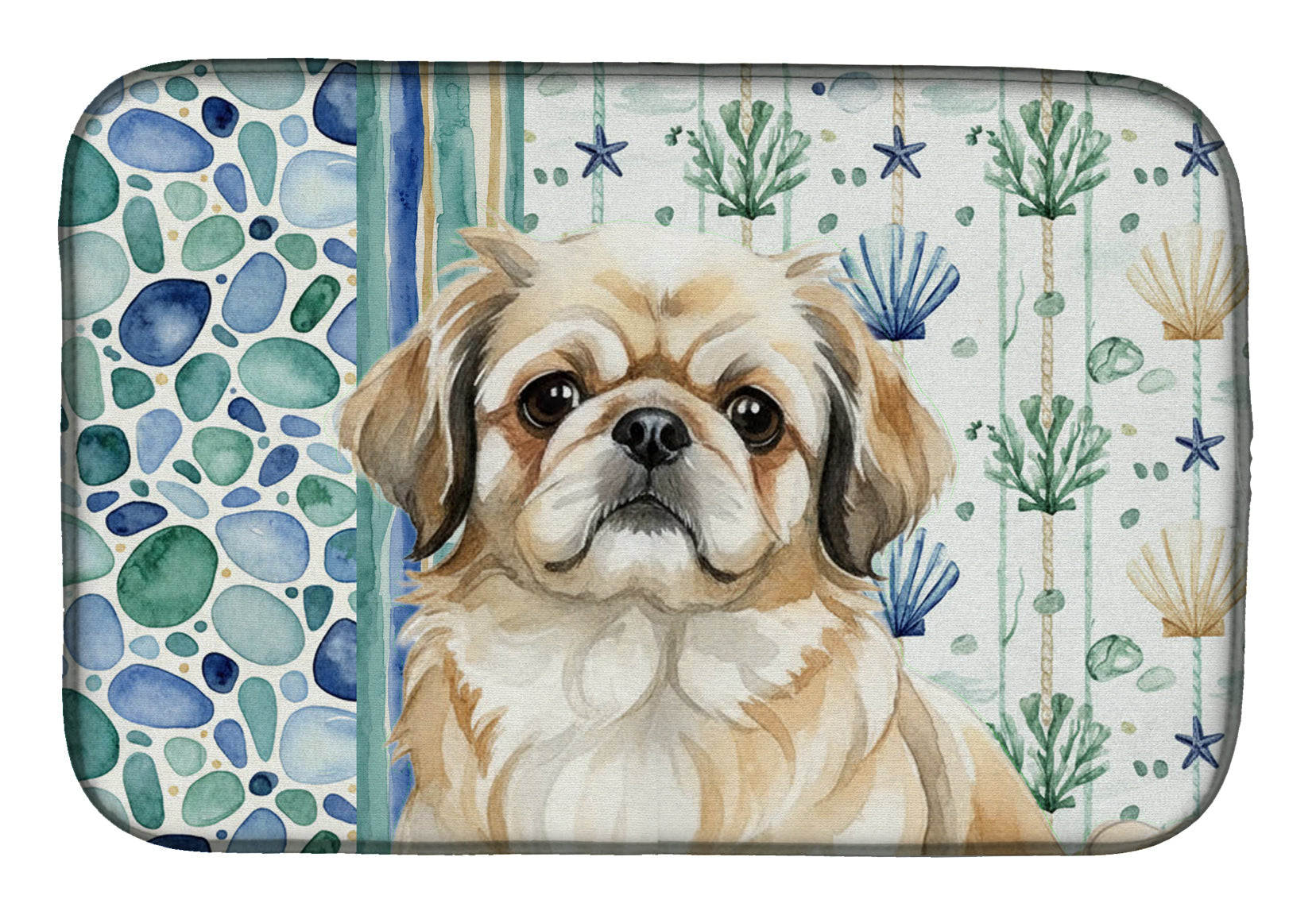 Fawn Pekingese Coastal Sea Glass Dish Drying Mat Absorbent Dish Drying Mat Pad for Kitchen Counter Dish Drainer Mat for Countertop, 14 x 21", Multicolor