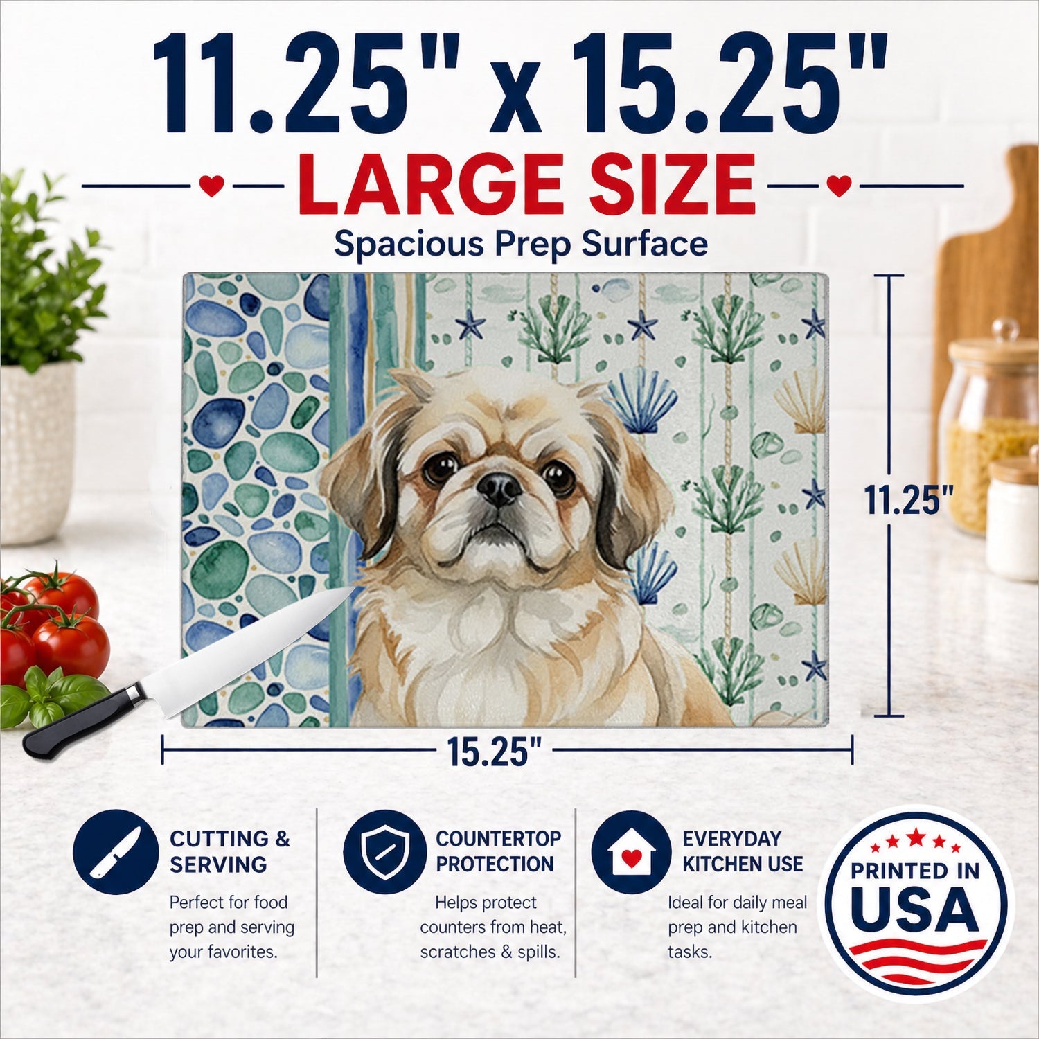 Fawn Pekingese Coastal Sea Glass Cutting Board Tempered Glass Kitchen Cutting Surface, Heat Resistant Chopping, Non-Slip Feet, Food Prep & Serving