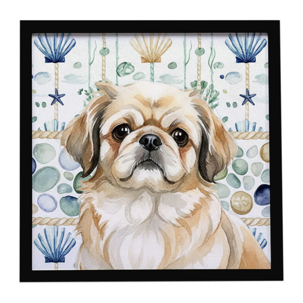 Fawn Pekingese Coastal Sea Glass Framed Metal Print Bathroom, Kitchen, Office, Home Decor Wall Art Ready to Hang, Square, 8X8