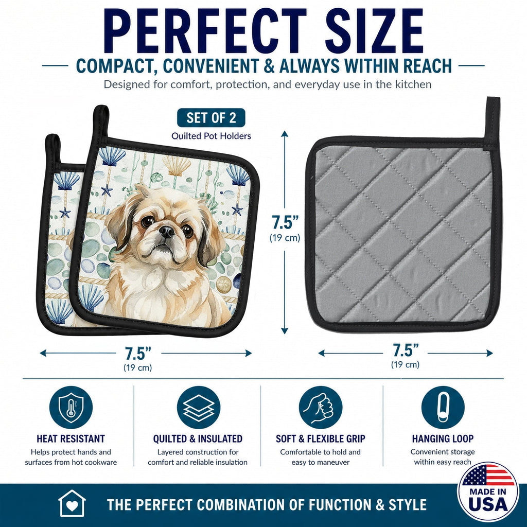 Fawn Pekingese Coastal Sea Glass Pot Holder Set of 2 Heat Resistant Quilted Hot Pads 7.5 x 7.5 Inch, Insulated Kitchen Trivets for Cooking & Baking