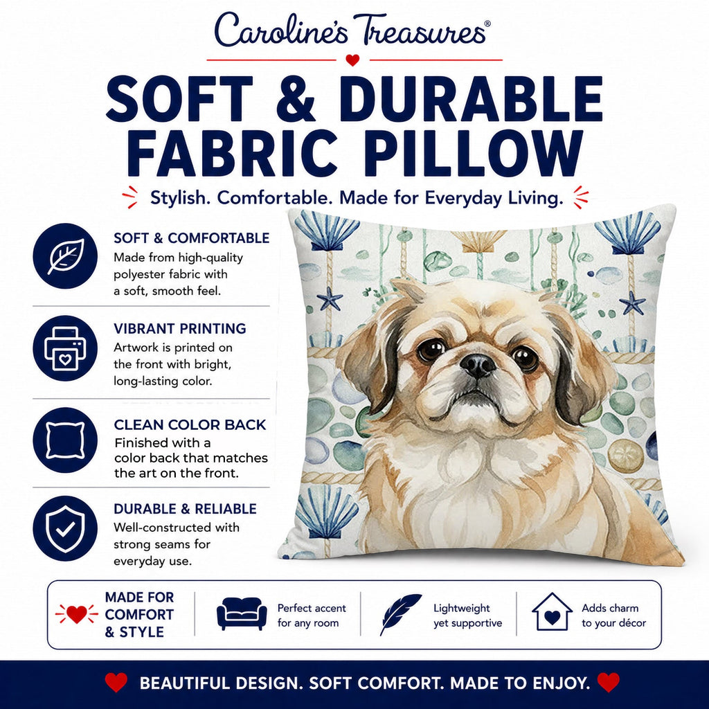 Fawn Pekingese Coastal Sea Glass Decorative Throw Pillow 18x18 Indoor Outdoor Accent Cushion, Fabric Cover with Insert for Sofa, Bed, Porch & Living Room