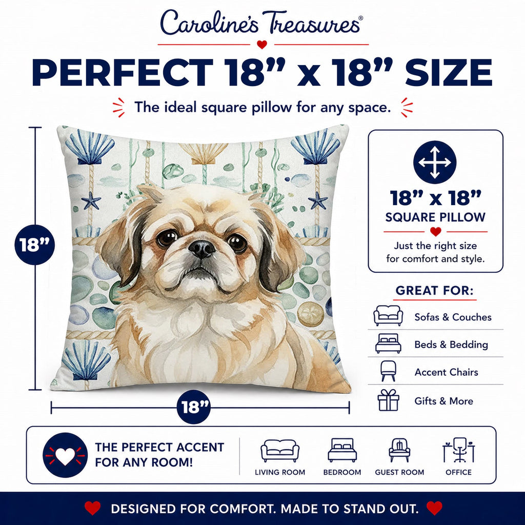 Fawn Pekingese Coastal Sea Glass Decorative Throw Pillow 18x18 Indoor Outdoor Accent Cushion, Fabric Cover with Insert for Sofa, Bed, Porch & Living Room