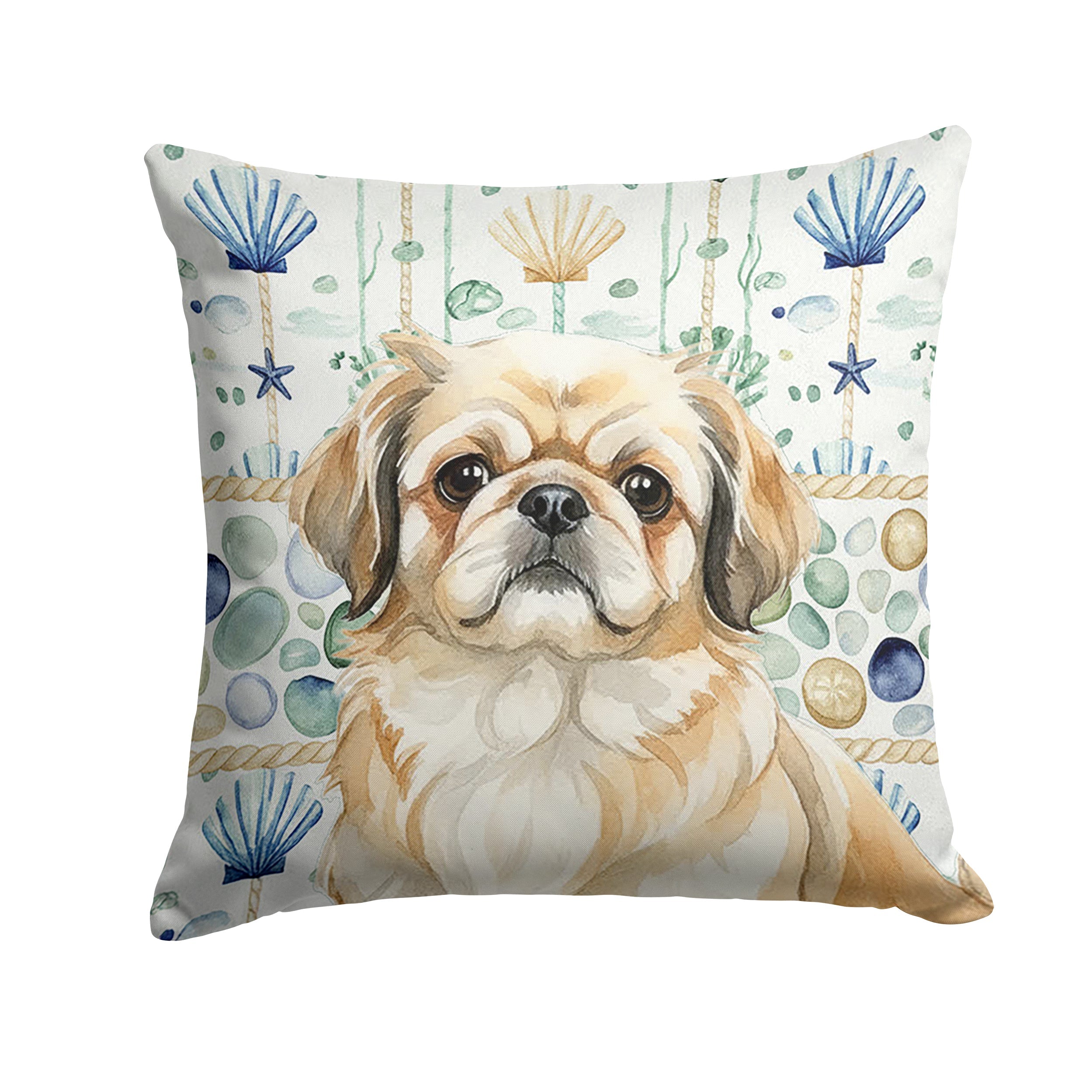 Fawn Pekingese Coastal Sea Glass Decorative Throw Pillow 18x18 Indoor Outdoor Accent Cushion, Fabric Cover with Insert for Sofa, Bed, Porch & Living Room