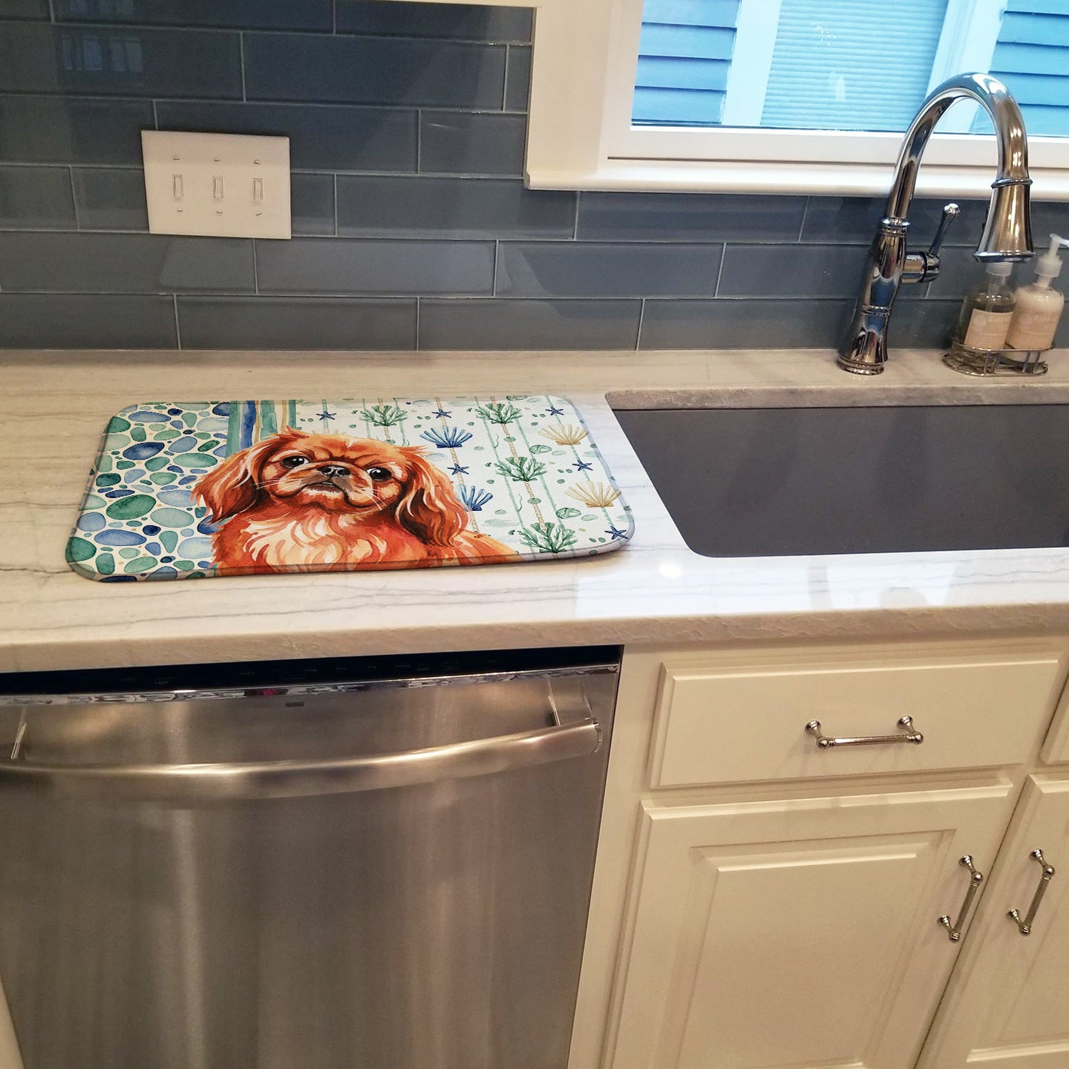 Red Pekingese Coastal Sea Glass Dish Drying Mat Absorbent Dish Drying Mat Pad for Kitchen Counter Dish Drainer Mat for Countertop, 14 x 21", Multicolor