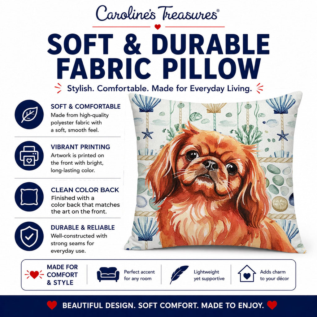 Red Pekingese Coastal Sea Glass Decorative Throw Pillow 14x14 Indoor Outdoor Accent Cushion, Fabric Cover with Insert for Sofa, Bed, Porch & Living Room