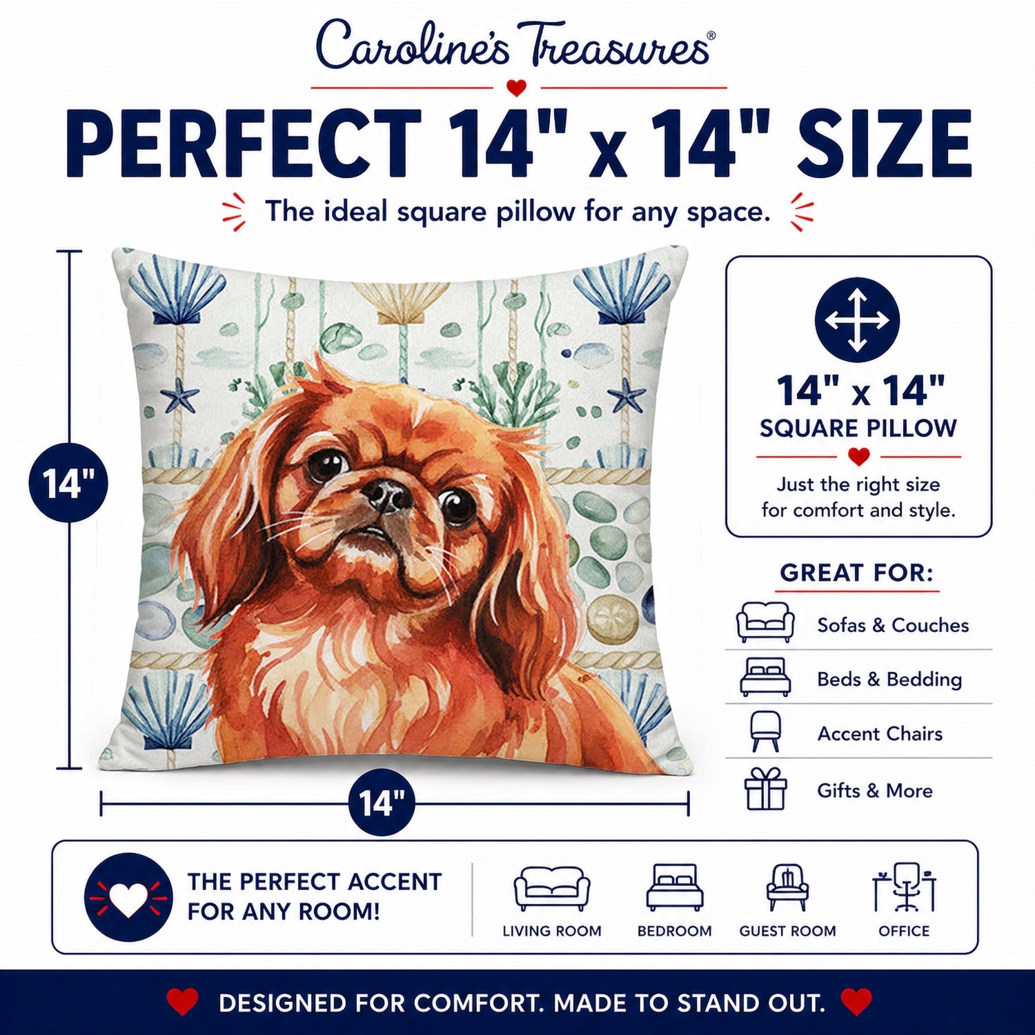 Red Pekingese Coastal Sea Glass Decorative Throw Pillow 14x14 Indoor Outdoor Accent Cushion, Fabric Cover with Insert for Sofa, Bed, Porch & Living Room