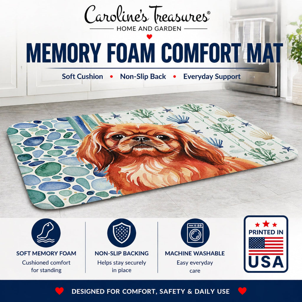 Red Pekingese Coastal Sea Glass Memory Foam Kitchen Mat Machine Washable Anti-Fatigue Cushion Comfort Bath or Kitchen Rug