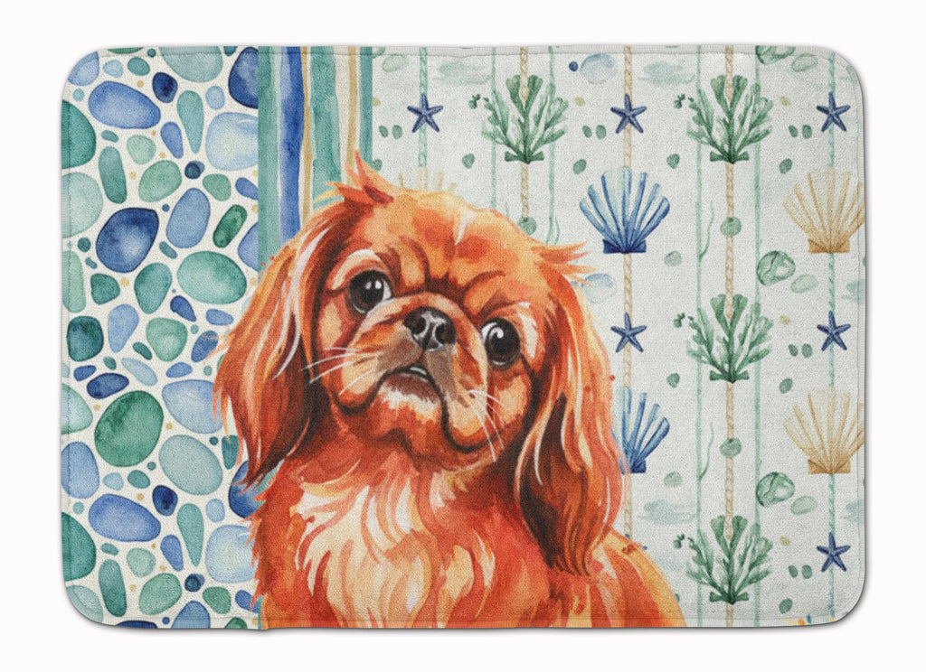 Red Pekingese Coastal Sea Glass Memory Foam Kitchen Mat Machine Washable Anti-Fatigue Cushion Comfort Bath or Kitchen Rug