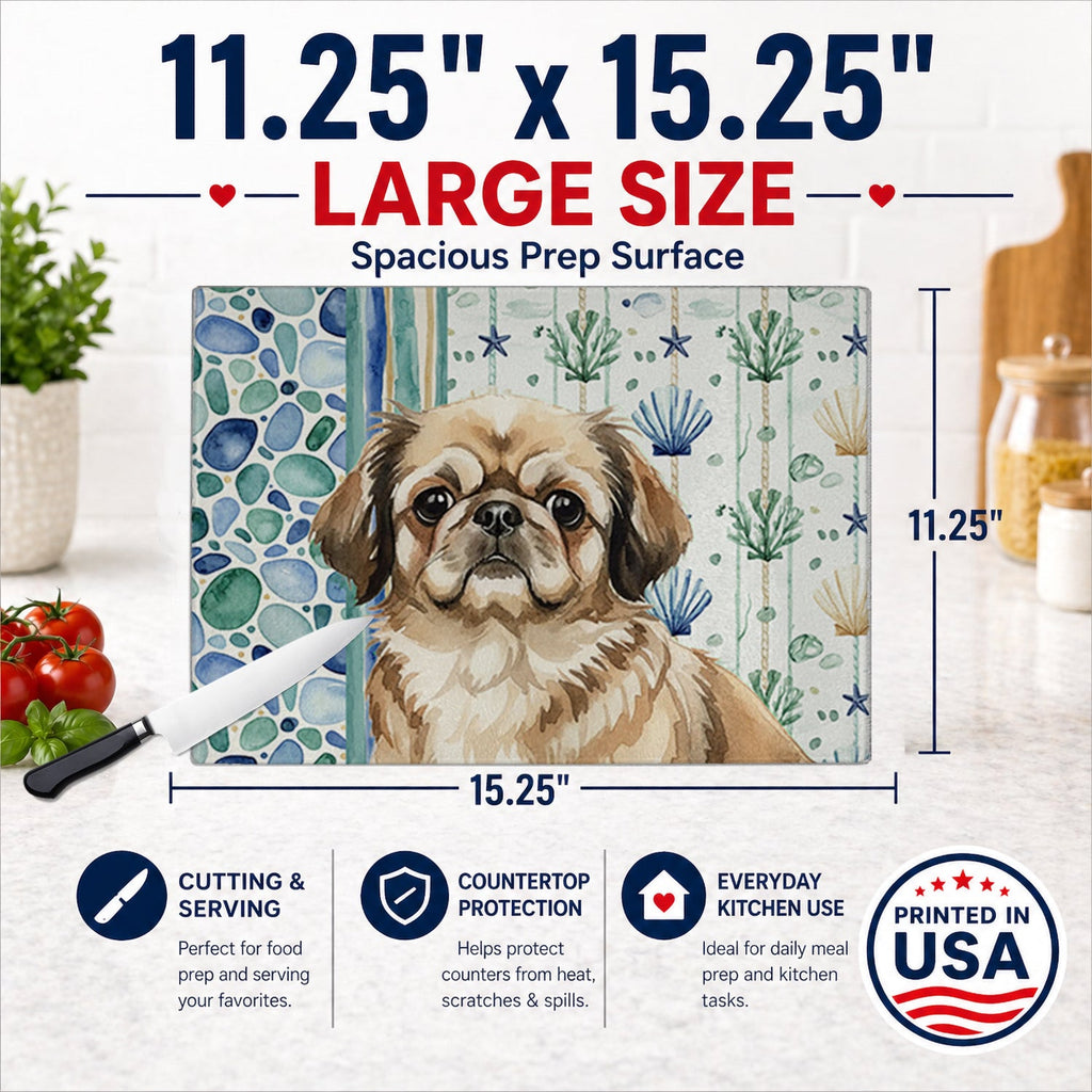 Sable Pekingese Coastal Sea Glass Cutting Board Tempered Glass Kitchen Cutting Surface, Heat Resistant Chopping, Non-Slip Feet, Food Prep & Serving