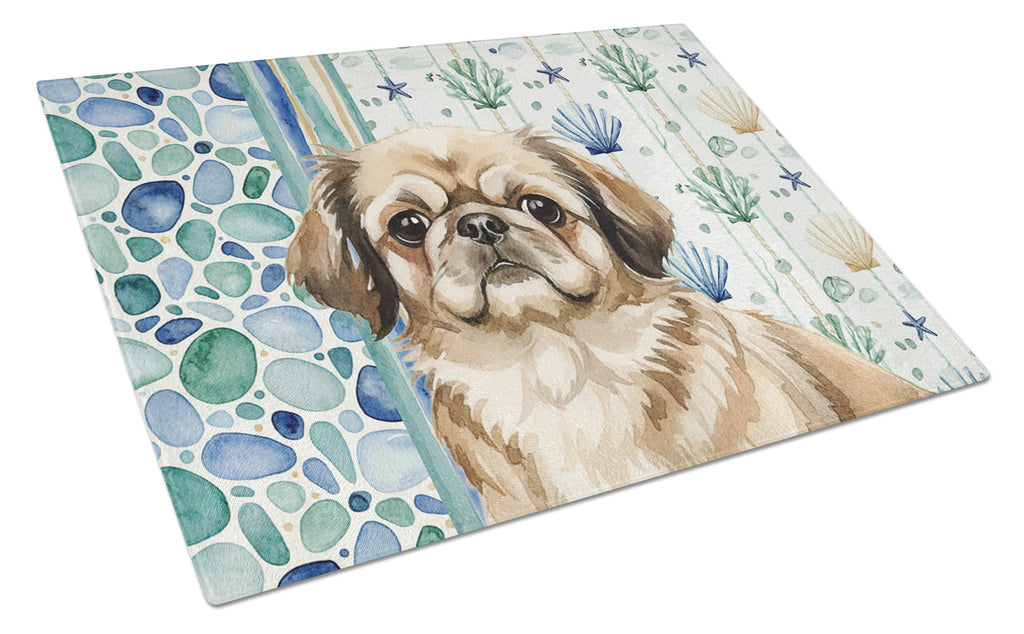 Sable Pekingese Coastal Sea Glass Cutting Board Tempered Glass Kitchen Cutting Surface, Heat Resistant Chopping, Non-Slip Feet, Food Prep & Serving